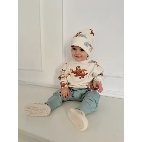 KOMPLET BLUZA PRĄŻKOWANA ODLOTOWE MISIE + SPODNIE Z KIESZONKAMI DUSTY BLUE